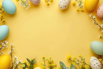 easter card, eggs on a yellow background - obrazy, fototapety, plakaty