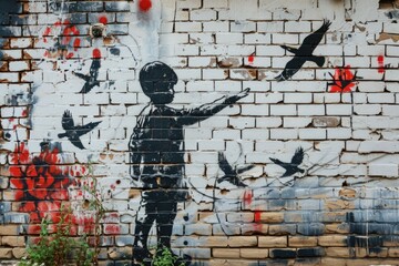 Street art of child with outstretched arms and birds on brick wall.