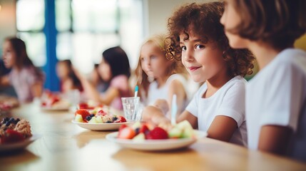 Primary School Students Enjoying a Healthy Lunch in the School Cafeteria. Generative AI. - obrazy, fototapety, plakaty