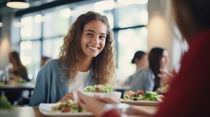 Happy And Smiling Female University Student Enjoying Healthy Lunch In Cafeteria. Generative AI