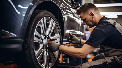 Fototapeta na wymiar Mechanic In The Workshop Changing A Wheel Of The Vehicle. Car Repair Service Concept. Men At Work. Generative AI
