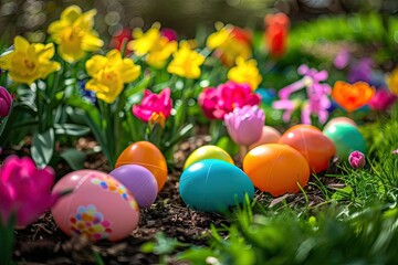 Fototapeta na wymiar A colorful Easter egg hunt in a garden filled with blooming flowers