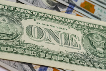 Closeup of dollar banknotes. American cash money background.