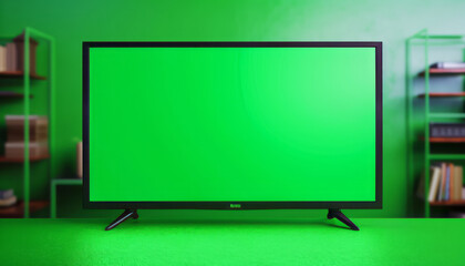 Close up on Modern Flat screen tv with a green screen,front view,minimalism white house,generative ai