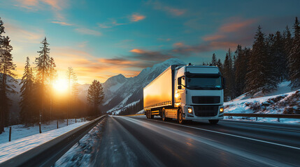 A commercial truck speeds along a snowy mountain highway during a vibrant sunset, showcasing transportation in winter..