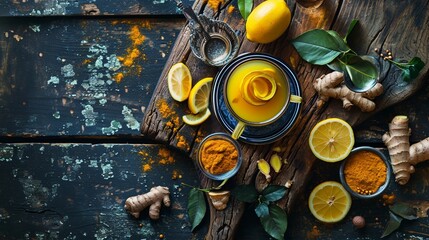 An overhead view of a dark wooden table set with a homemade immunity drink, fresh ginger and lemon cut into artistic shapes