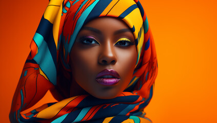 Beautiful black woman wearing makeup and a scarf on her head on an orange background - obrazy, fototapety, plakaty
