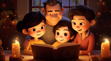 the love of a young family reading a fairy tale to their children