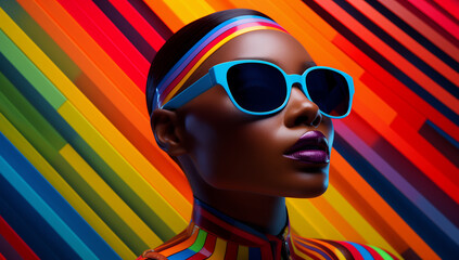 Beautiful black woman with blue sunglasses on a colorful striped background
