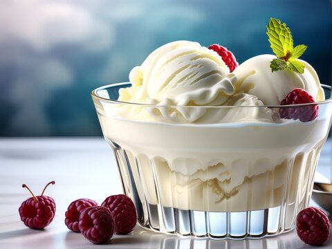 Photo of vanilla ice cream with some fruites in a transparent glass with copy space