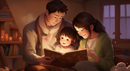 the love of a young family reading a fairy tale to their children