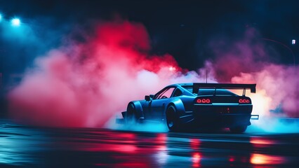 Drifting car on dark black background with smoke. Supercar in motion. Generative AI. - obrazy, fototapety, plakaty