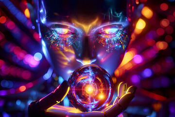 
Artificial Intelligence clip art neon light with a crystal sphere in hand on the bokeh background blue eyes