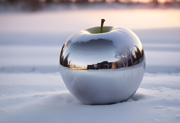 closeup image  reflection of a winter_snow_scene at sunset, seen in a perfect polished chrome apple, sitting on fresh snow sunset on the snow
