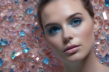 a woman's face made of pieces of glass and crystals, hyper-realistic details, in the style of light pink and peach mosaic-inspired realism, shiny/glossy background