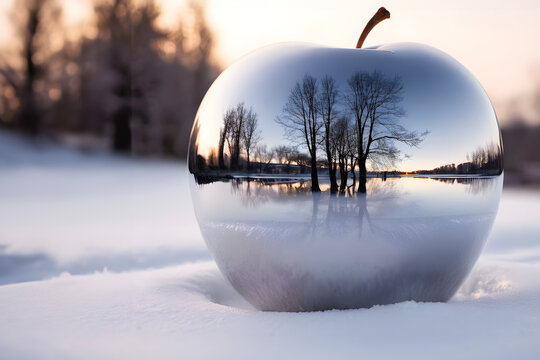 closeup image  reflection of a winter_snow_scene at sunset, seen in a perfect polished chrome apple, sitting on fresh snow sunset on the snow
