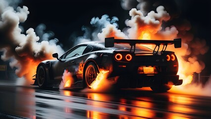Drifting car on dark black background with smoke. Supercar in motion. Generative AI. - obrazy, fototapety, plakaty