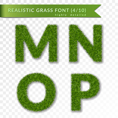 Grass letters M, N, O, P set alphabet 3D design. Capital letter text. Green font isolated white transparent background. Symbol eco environment, save the planet. Realistic meadow Vector illustration