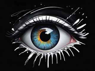 human eye with messy splashed paint rough outline abstract illustration and blue iris on black background