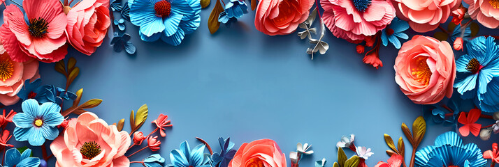 Background of blue paper flowers with empty space for text or greeting card design. Postcard for...