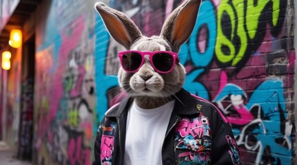 Hip Bunny in Retro Sunglasses Amidst Graffiti and Neon Lights - Trendy Stock Photo with a Touch of Rebellion