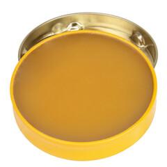 Wax polish with brush on white background. Shoe care accessories