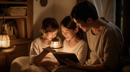 Obraz premium the love of a young family reading a fairy tale to their children
