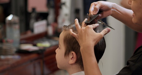 Hairdresser cuts hair, combs it. Attractive man getting his hair cut in a modern barbershop. Barber...