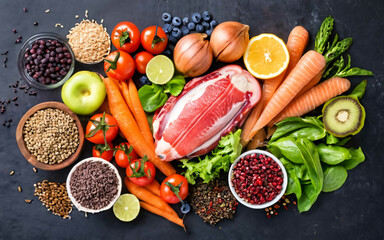 fruit,meat,tomato,pepper,red,garlic,onion all natural food 