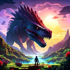 Aliens steal a dino in style of blocky cubes. Generative AI.