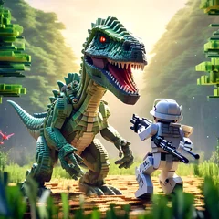 Aliens steal a dino in style of blocky cubes. Generative AI.