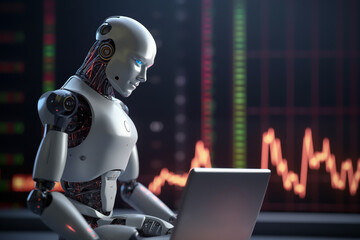 Obraz na płótnie Canvas AI Trading. AI Robot on chatGPT generate analytic Trading chart. AI trading bots. Artificial intelligence bot on investment. Broker Crypto bot. Trader Robot on analys cryptocurrency. Gas oil futures