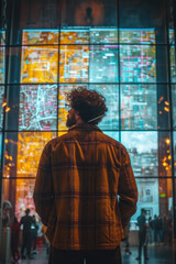 Naklejka premium Mann steht vor riesigen Monitoren, die Projektdiagramme zeigen