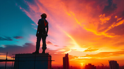 As the sun sets on the city skyline, a skilled architect in their mid-30s stands atop a construction site, hard hat and boots serving as their armor. Generative AI - obrazy, fototapety, plakaty