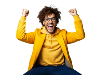 Happy student sit with notebook on the leg, Transparent background