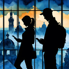 silhouette of man and woman using cell phone. addiction to technology. fomo, social media. illustration. lonely people - obrazy, fototapety, plakaty