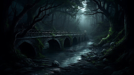 There is a narrow road and a bridge, a Pinas forest in the dark black night... There is a bright, bright moonlight
