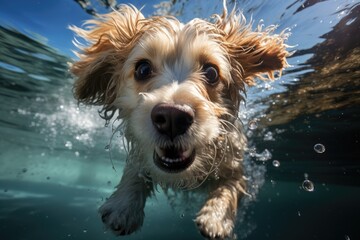 A graceful canine of a specific breed glides effortlessly through the refreshing depths of a natural body of water, embodying the pure joy and freedom of being an animal in its element, while basking - obrazy, fototapety, plakaty