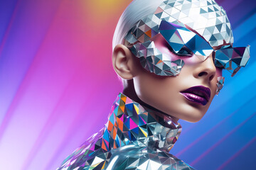 Futuristic Fashion Model in Holographic Silver Costume with Geometric Design Against a Vivid Gradient Background