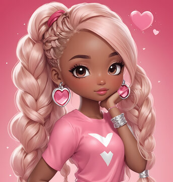 Close up portrait of blondie girl on pink background with hearts, valentine day concept. Doll in pink T-shirt with wide eyes and long hair wearing jewelry.Cute baby face, children's picture of cartoon