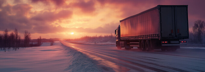 Winter road trucking with sunset, commercial transport, snow-covered highway, freight logistics, icy road, dusk light, cold climate, heavy vehicle.