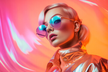Obraz na płótnie Canvas Neon Glow: Fashion Forward Model in Reflective Aviator Sunglasses and Shiny Copper Jacket