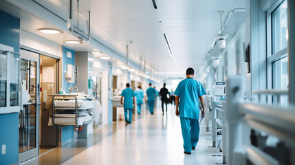 Motion Blur Shot Of Medical Staff Wearing Scrubs In Busy Hospital Corridor - obrazy, fototapety, plakaty