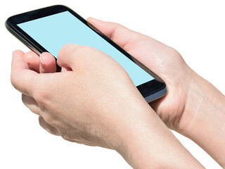 female hand holding smartphone, internet chat. Texting, correspondence concept on transparent, png