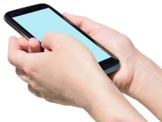 female hand holding smartphone, internet chat. Texting, correspondence concept on transparent, png