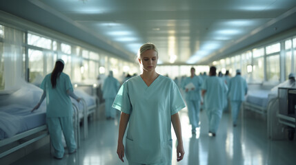 Fototapeta premium Motion Blur Shot Of Medical Staff Wearing Scrubs In Busy Hospital Corridor