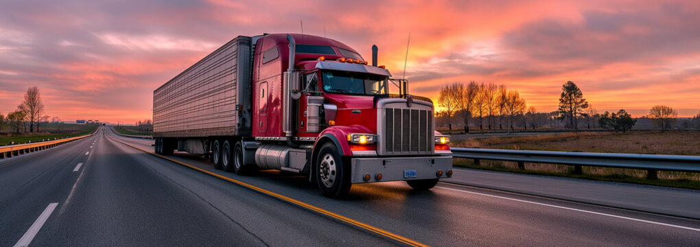 Commercial big rig truck on open road at dusk, freight transport, long-haul, sunset sky, highway travel, logistics industry, cargo carrier.