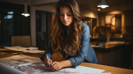 Young woman drawing designs in a sketchbook while working at her kitchen table at home - obrazy, fototapety, plakaty