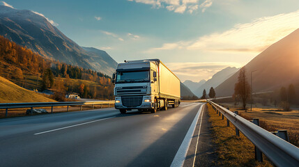 Modern white truck on highway with autumn trees and mountain backdrop, commercial transport, freight logistics, sunrise, road trip, scenic drive. - obrazy, fototapety, plakaty