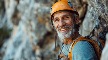 Active senior man rock climbing - obrazy, fototapety, plakaty